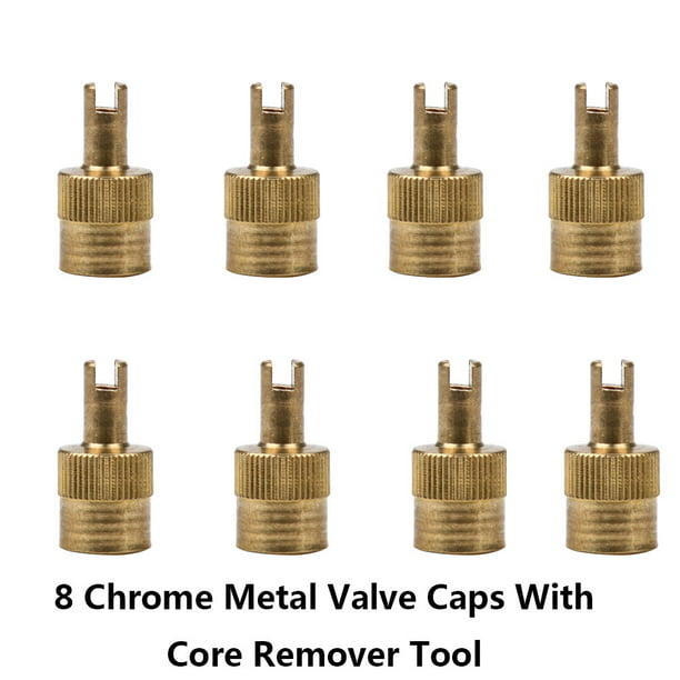 10pcs Chrome Metal Slotted Head Valve Stem Caps With Core Remover Tool H4